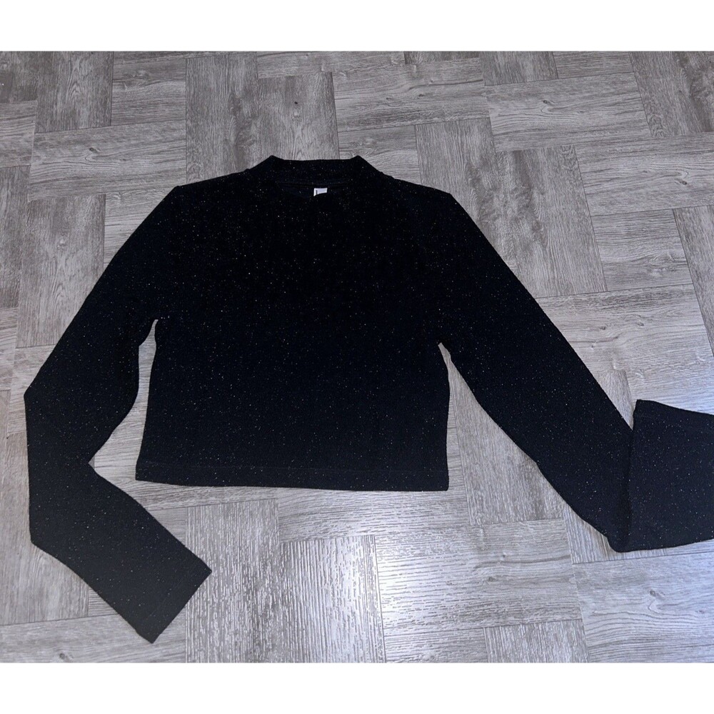 American Apparel Women’s M Black Metallic Glitter Mock Neck Crop Top LS